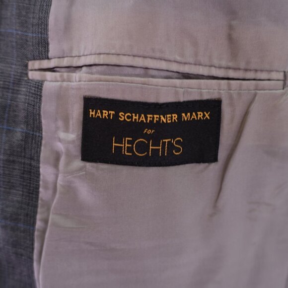DAMAGED Hart Schaffner Marx Wool Gray Plaid Blue Windowpane Blazer 42L 2 Button - Picture 9 of 13
